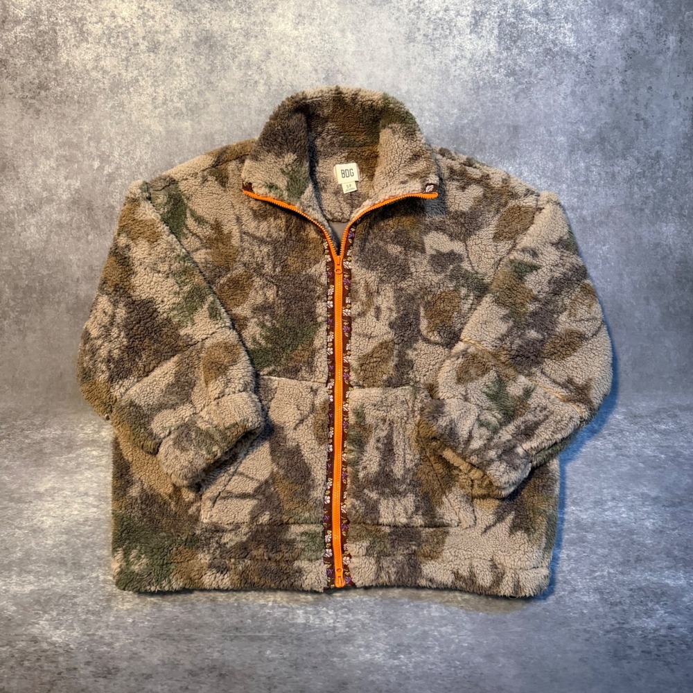 BDG Mae Printed Piled Fleece Jacket Womens S Leaf Camo Orange Zip Floral Trim UO